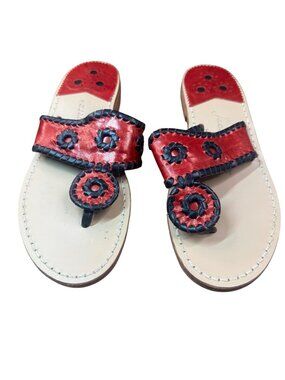 Jack Rogers Womens 6M Navajo Red Navy Leather Floral Flat Slide Sandals